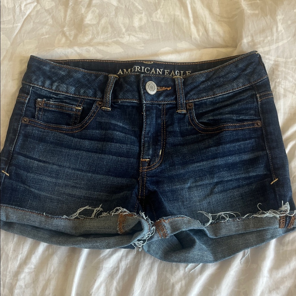 American Eagle Outfitters Dark Indigo Rolled Cuff Denim Shorts (Low rise)